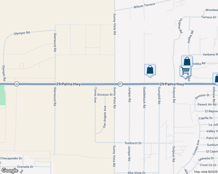 map of restaurants, bars, coffee shops, grocery stores, and more near 60805 Twentynine Palms Highway in Joshua Tree