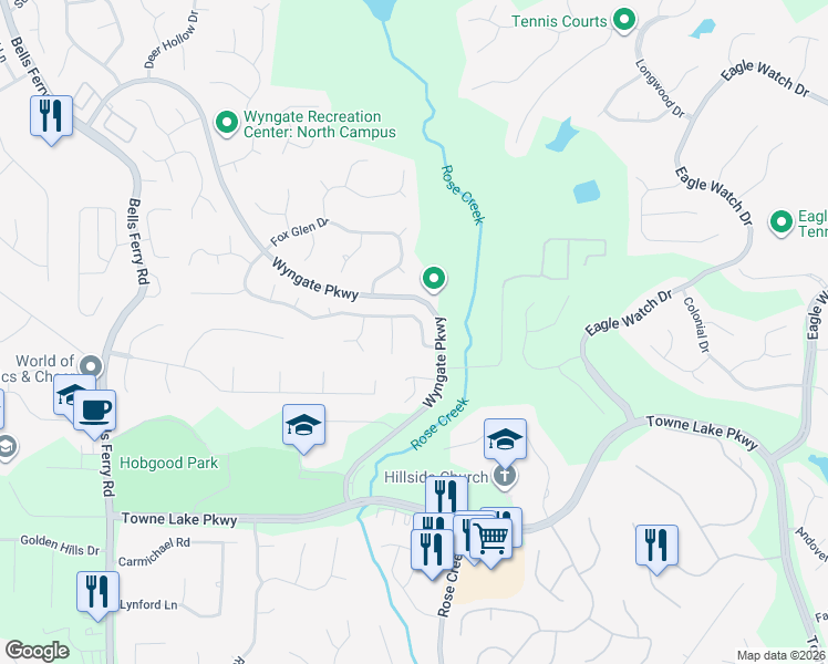 map of restaurants, bars, coffee shops, grocery stores, and more near 4052 Watkins Glen Drive in Woodstock
