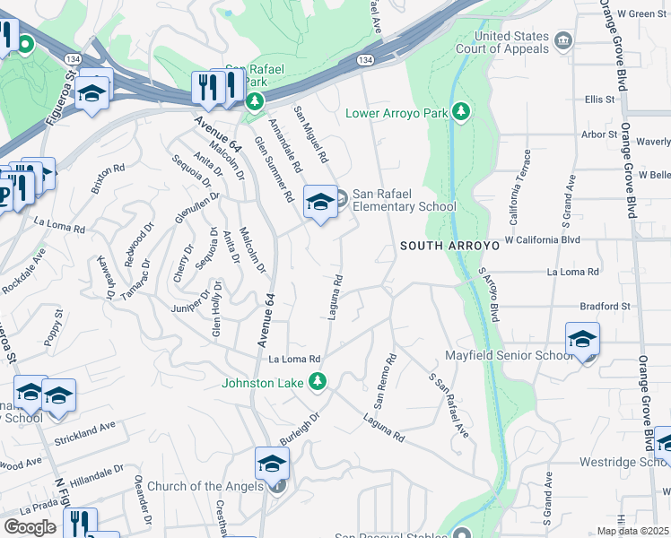 map of restaurants, bars, coffee shops, grocery stores, and more near 427 Laguna Road in Pasadena