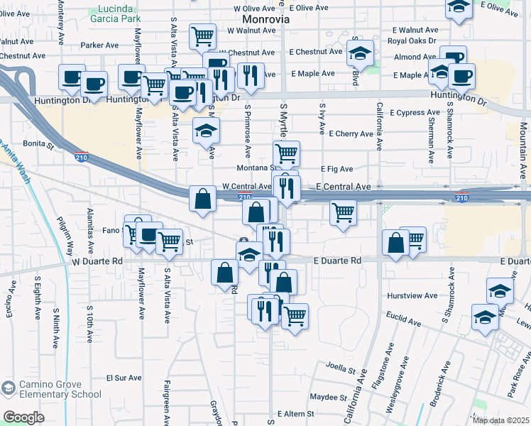 map of restaurants, bars, coffee shops, grocery stores, and more near 130 West Pomona Avenue in Monrovia