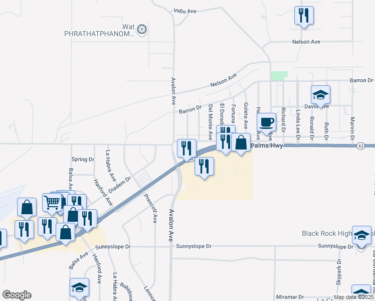 map of restaurants, bars, coffee shops, grocery stores, and more near 6511 Avalon Avenue in Yucca Valley