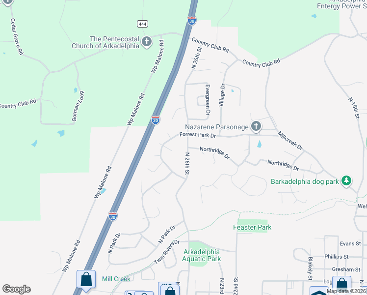map of restaurants, bars, coffee shops, grocery stores, and more near 5 Montclair Circle in Arkadelphia