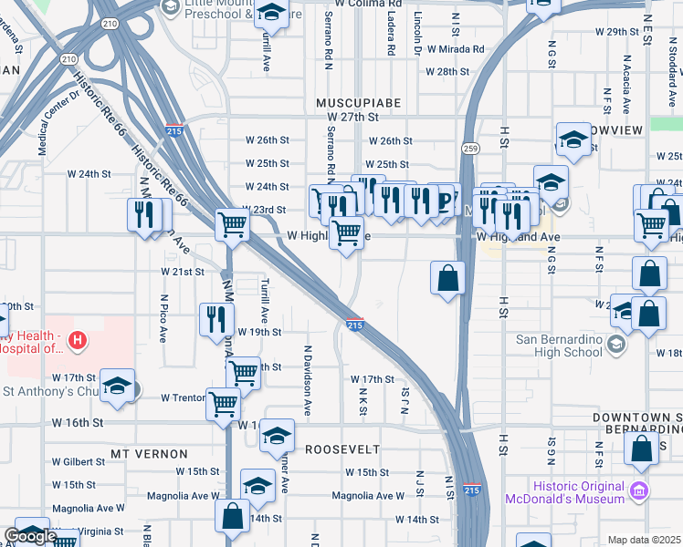 map of restaurants, bars, coffee shops, grocery stores, and more near North Massachusetts Avenue in San Bernardino