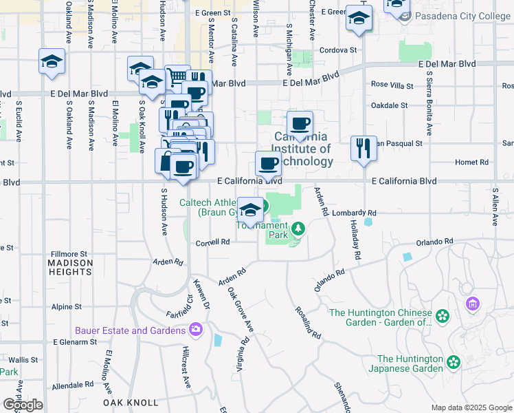 map of restaurants, bars, coffee shops, grocery stores, and more near 1030 East California Boulevard in Pasadena