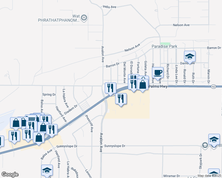 map of restaurants, bars, coffee shops, grocery stores, and more near 6511 Avalon Avenue in Yucca Valley