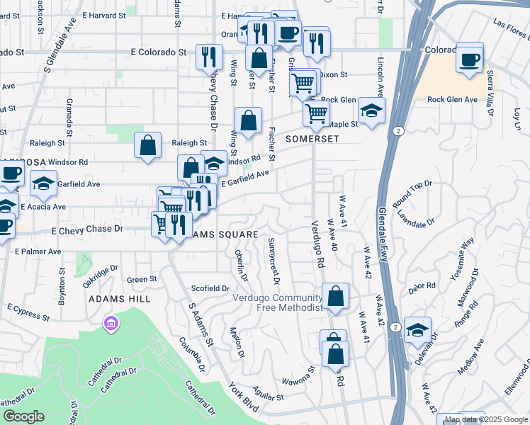 map of restaurants, bars, coffee shops, grocery stores, and more near 1320 Romulus Drive in Glendale