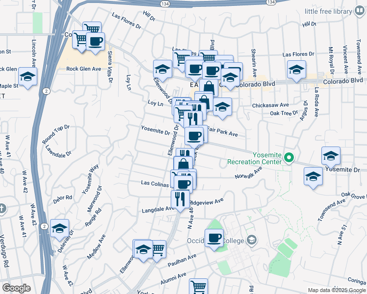 map of restaurants, bars, coffee shops, grocery stores, and more near 2221 Addison Way in Los Angeles