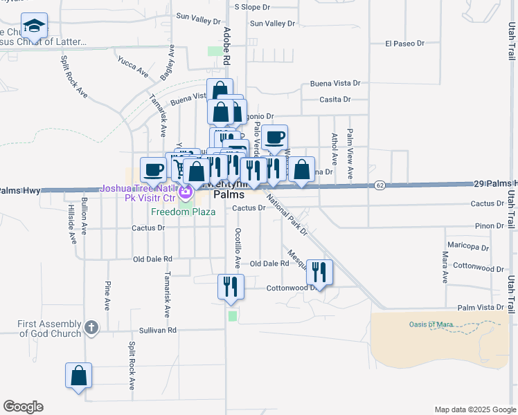 map of restaurants, bars, coffee shops, grocery stores, and more near 6589 Palo Verde Avenue in Twentynine Palms