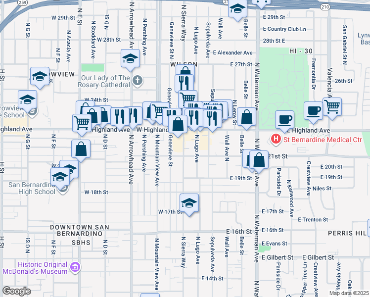 map of restaurants, bars, coffee shops, grocery stores, and more near 2097 North Sierra Way in San Bernardino