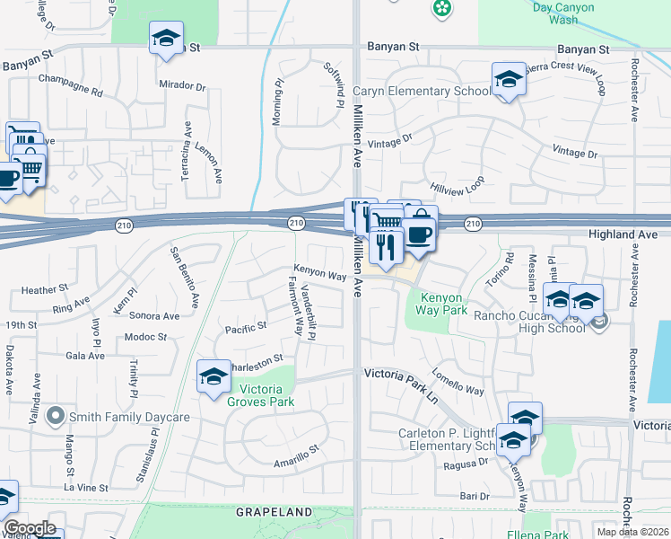 map of restaurants, bars, coffee shops, grocery stores, and more near 11268 Brown Drive in Rancho Cucamonga