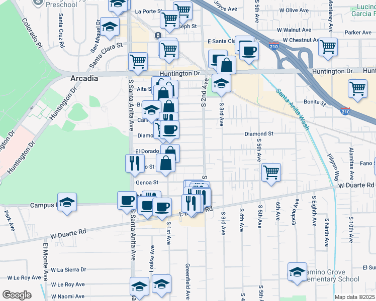 map of restaurants, bars, coffee shops, grocery stores, and more near 149 Fano Street in Arcadia