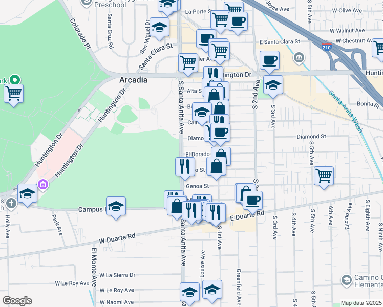 map of restaurants, bars, coffee shops, grocery stores, and more near 19 Fano Street in Arcadia
