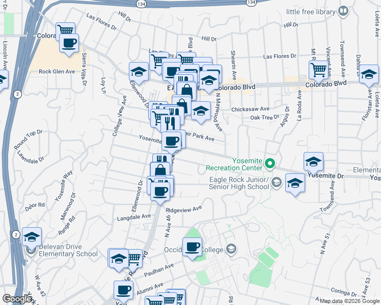 map of restaurants, bars, coffee shops, grocery stores, and more near 2109 Addison Way in Los Angeles