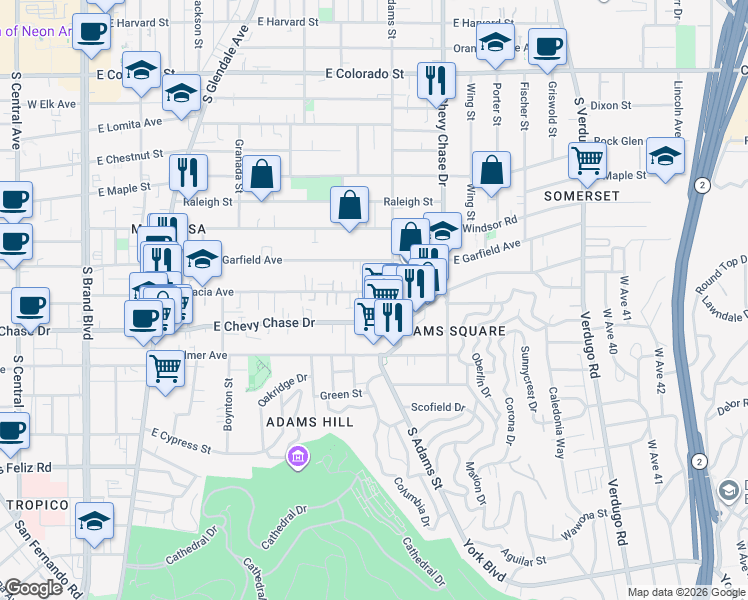 map of restaurants, bars, coffee shops, grocery stores, and more near 1012 East Acacia Avenue in Glendale
