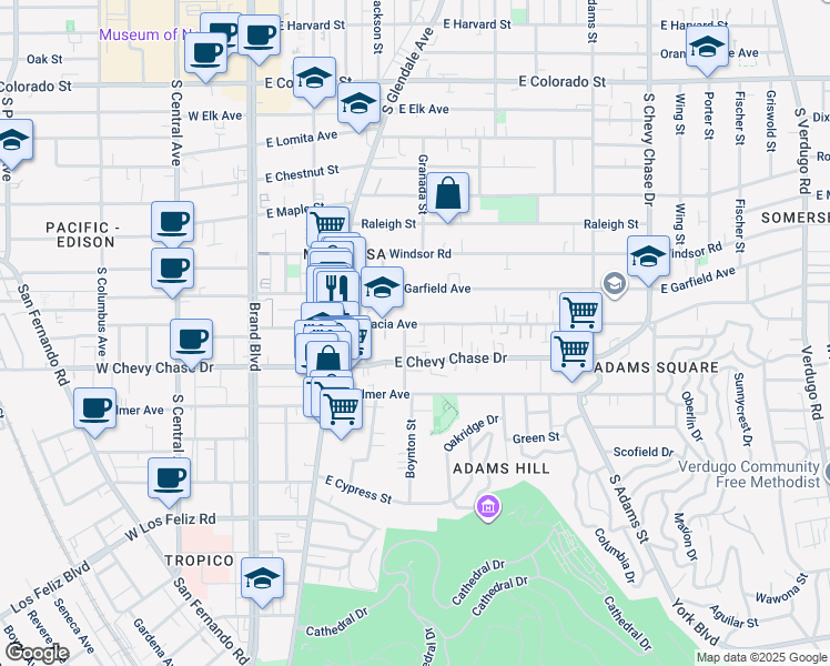 map of restaurants, bars, coffee shops, grocery stores, and more near 601 East Chevy Chase Drive in Glendale
