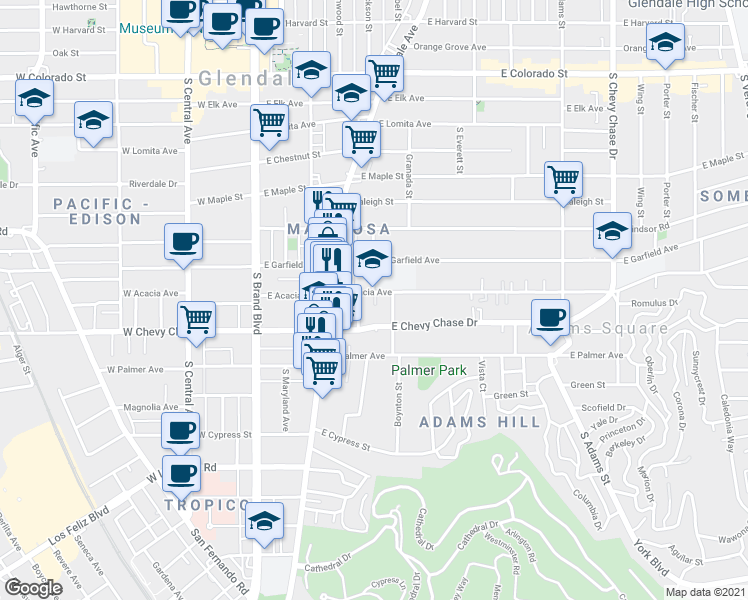 map of restaurants, bars, coffee shops, grocery stores, and more near 1023 Boynton Street in Glendale