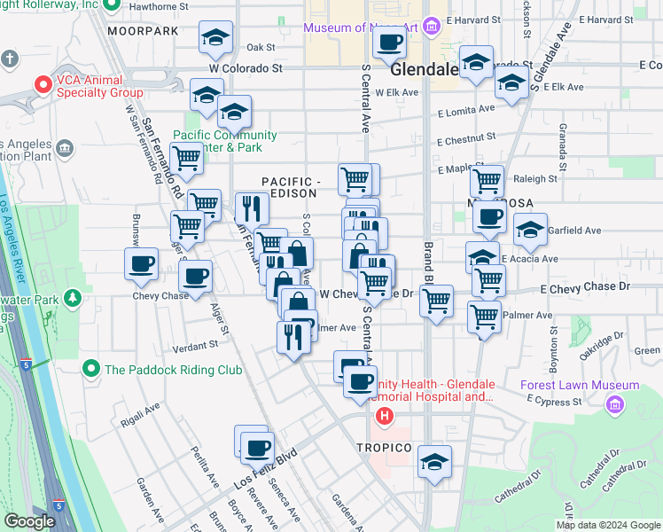 map of restaurants, bars, coffee shops, grocery stores, and more near 1099 Florence Place in Glendale