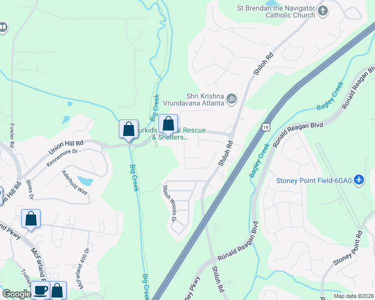 map of restaurants, bars, coffee shops, grocery stores, and more near 5265 Breckinridge Lane in Cumming