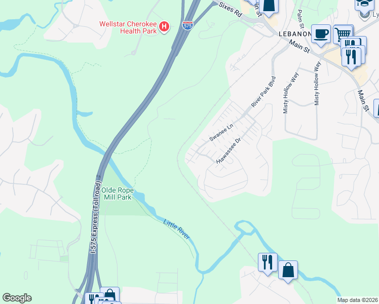map of restaurants, bars, coffee shops, grocery stores, and more near 201 Swanee Lane in Woodstock