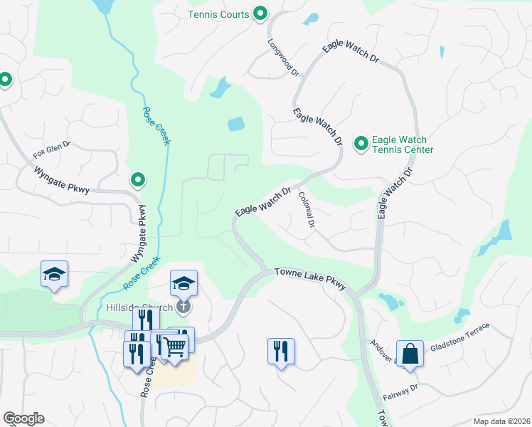map of restaurants, bars, coffee shops, grocery stores, and more near 1517 Mosswood Lane in Woodstock