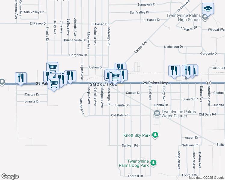 map of restaurants, bars, coffee shops, grocery stores, and more near 72121 Hatch Road in Twentynine Palms
