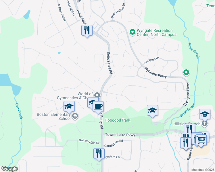 map of restaurants, bars, coffee shops, grocery stores, and more near 614 Victoria Lane in Woodstock