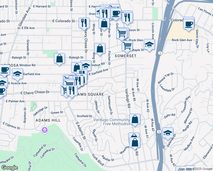 map of restaurants, bars, coffee shops, grocery stores, and more near 1320 Romulus Drive in Glendale