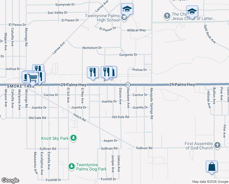 map of restaurants, bars, coffee shops, grocery stores, and more near Juniper Avenue in Twentynine Palms