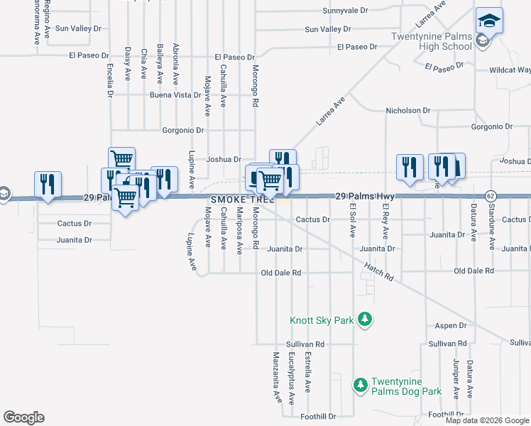 map of restaurants, bars, coffee shops, grocery stores, and more near 72121 Hatch Road in Twentynine Palms