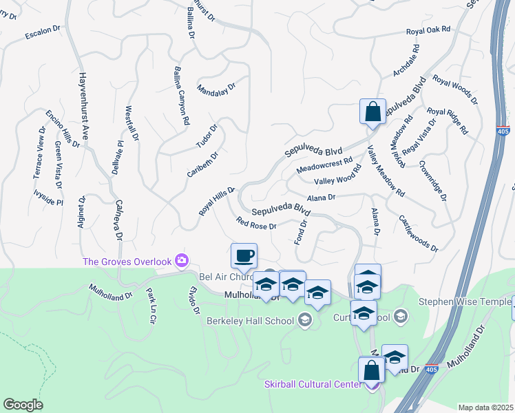 map of restaurants, bars, coffee shops, grocery stores, and more near 3412 Red Rose Drive in Los Angeles