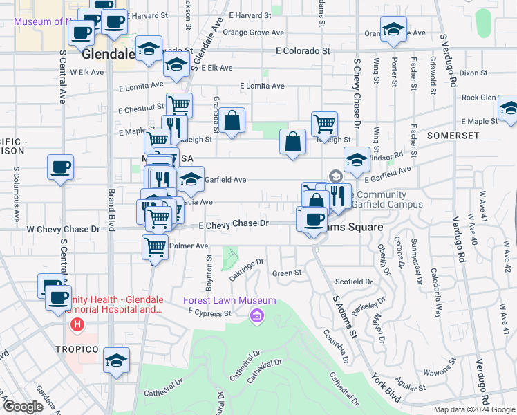 map of restaurants, bars, coffee shops, grocery stores, and more near 724 East Acacia Avenue in Glendale