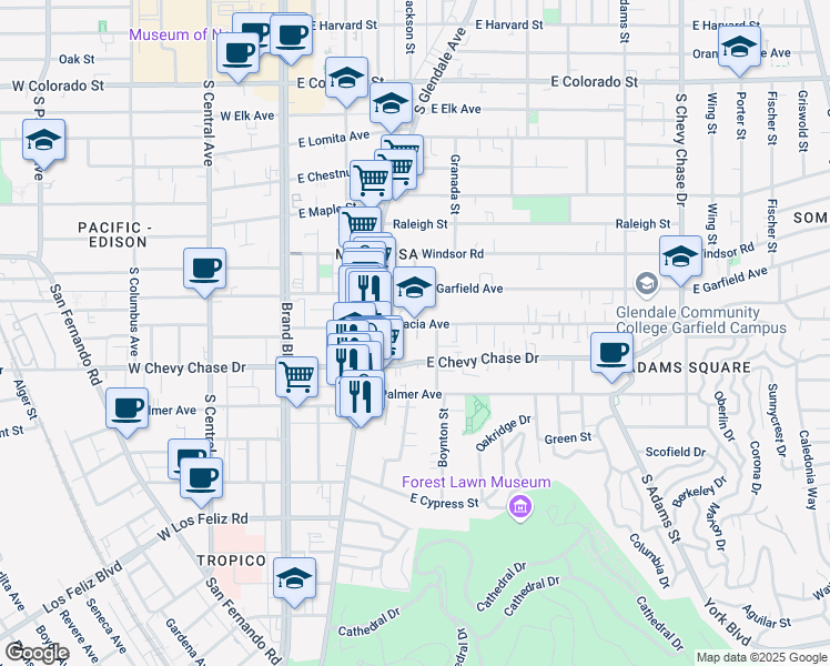 map of restaurants, bars, coffee shops, grocery stores, and more near 438 East Acacia Avenue in Glendale