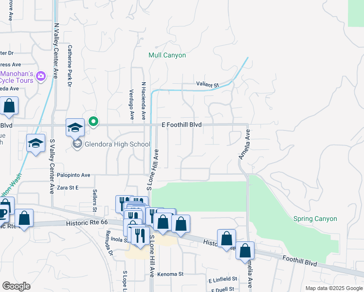 map of restaurants, bars, coffee shops, grocery stores, and more near 156 Glengrove Avenue in Glendora