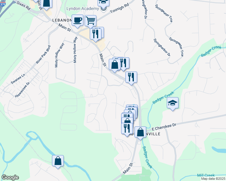 map of restaurants, bars, coffee shops, grocery stores, and more near 507 Karen Lane in Woodstock