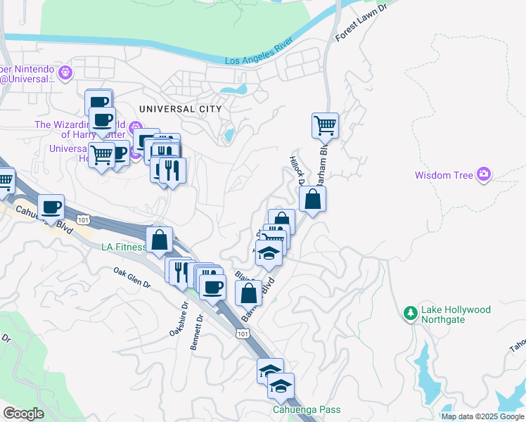 map of restaurants, bars, coffee shops, grocery stores, and more near 3420 Blair Drive in Los Angeles