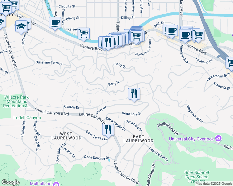 map of restaurants, bars, coffee shops, grocery stores, and more near 3537 Berry Drive in Los Angeles