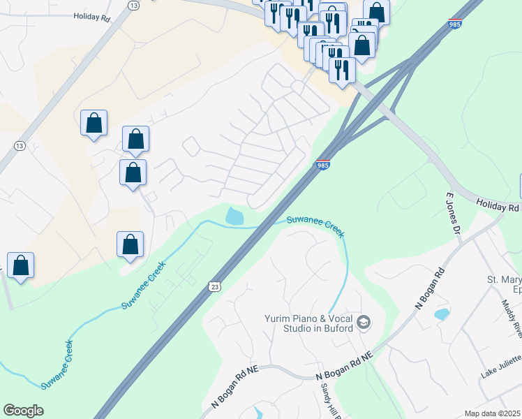 map of restaurants, bars, coffee shops, grocery stores, and more near 7023 Evergreen Way in Buford