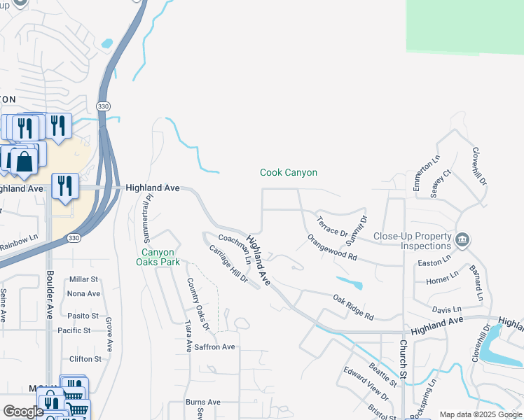 map of restaurants, bars, coffee shops, grocery stores, and more near Terrace Drive in San Bernardino