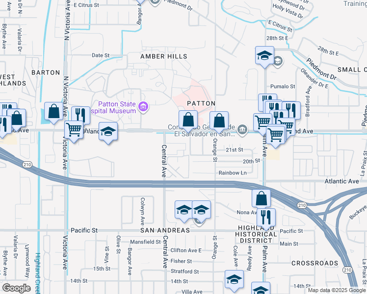 map of restaurants, bars, coffee shops, grocery stores, and more near 2085 Central Avenue in Highland