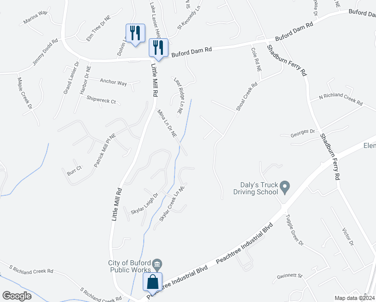 map of restaurants, bars, coffee shops, grocery stores, and more near 2190 Mina Lane Drive Northeast in Buford