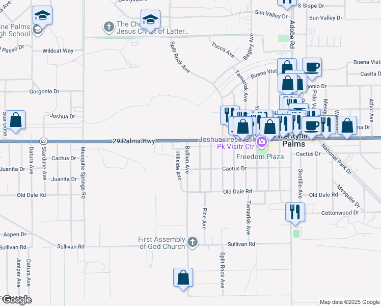 map of restaurants, bars, coffee shops, grocery stores, and more near 6549 Bullion Avenue in Twentynine Palms