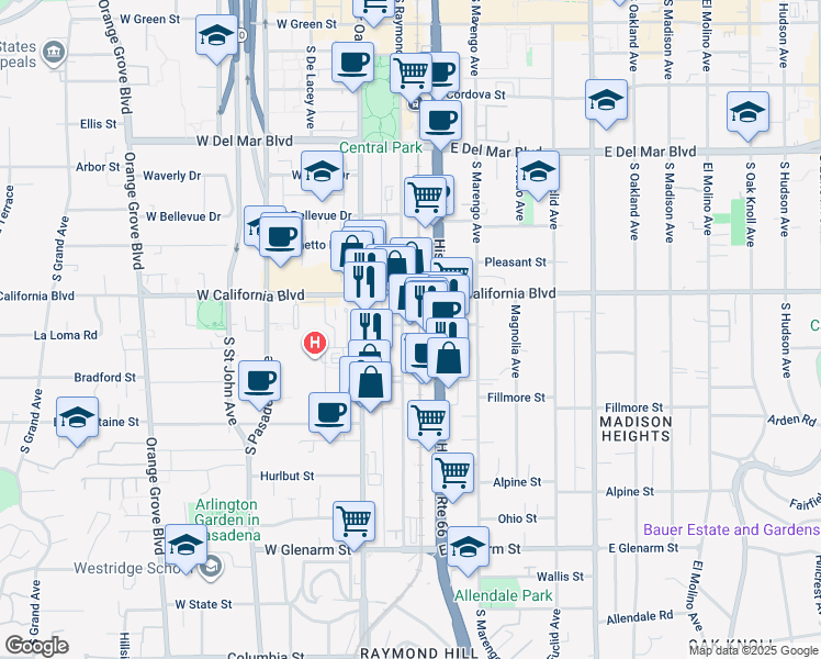 map of restaurants, bars, coffee shops, grocery stores, and more near 681 South Raymond Avenue in Pasadena