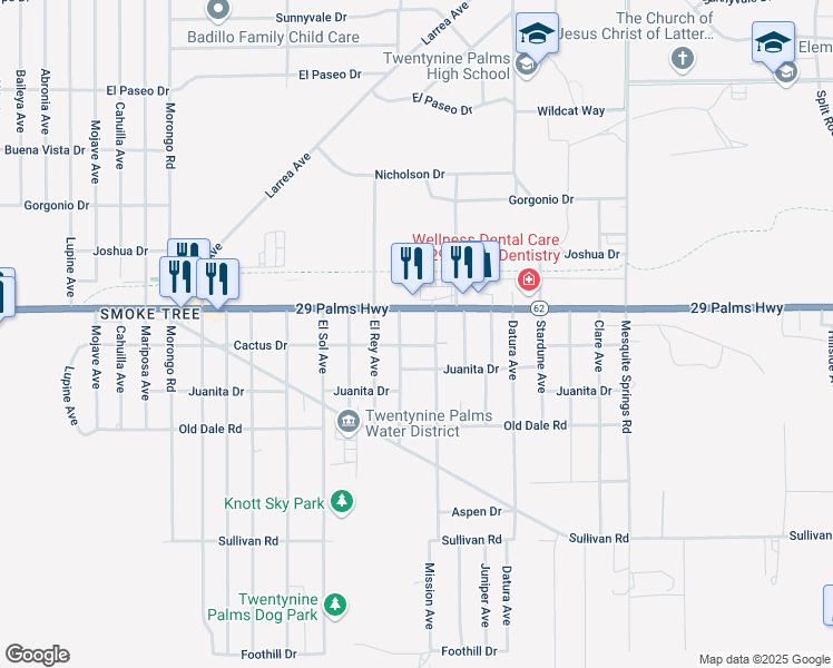map of restaurants, bars, coffee shops, grocery stores, and more near 72536 Cactus Drive in Twentynine Palms