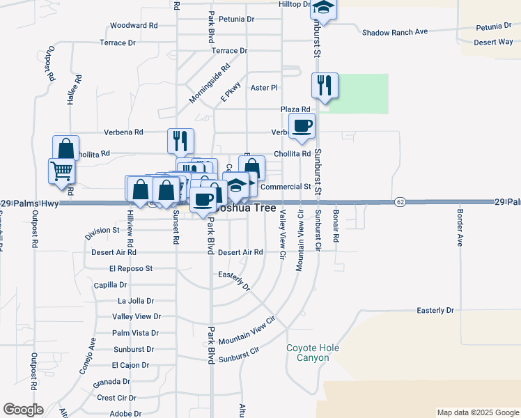 map of restaurants, bars, coffee shops, grocery stores, and more near 61943 Twentynine Palms Highway in Joshua Tree