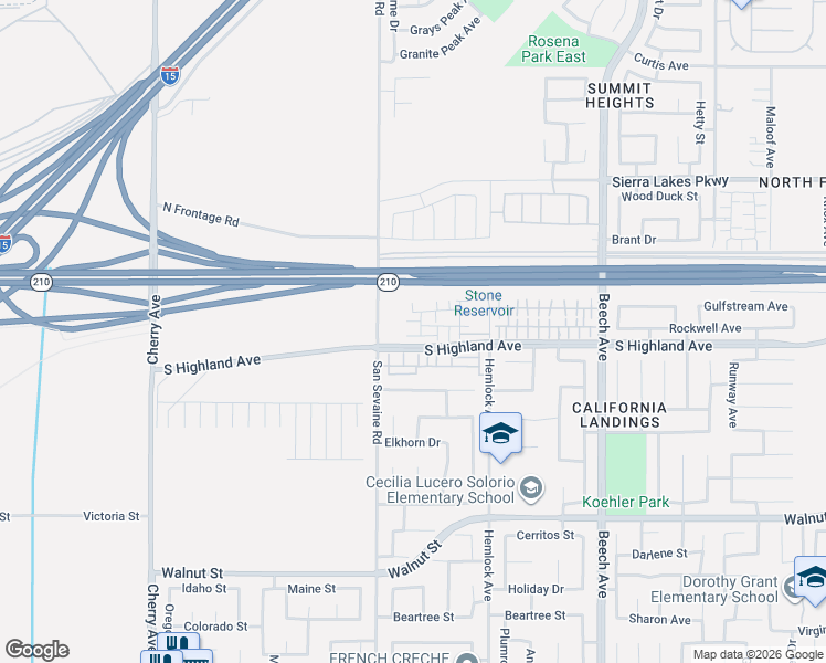 map of restaurants, bars, coffee shops, grocery stores, and more near Cavetto Lane in Fontana