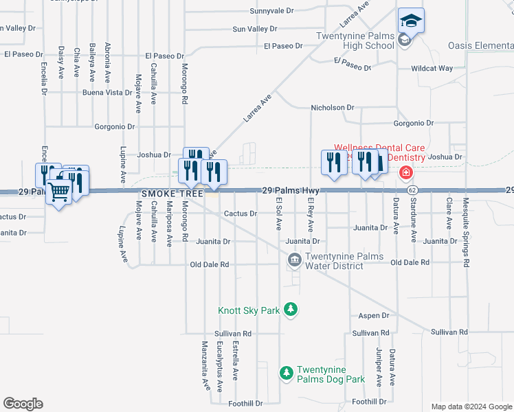 map of restaurants, bars, coffee shops, grocery stores, and more near 6535 Alpine Avenue in Twentynine Palms