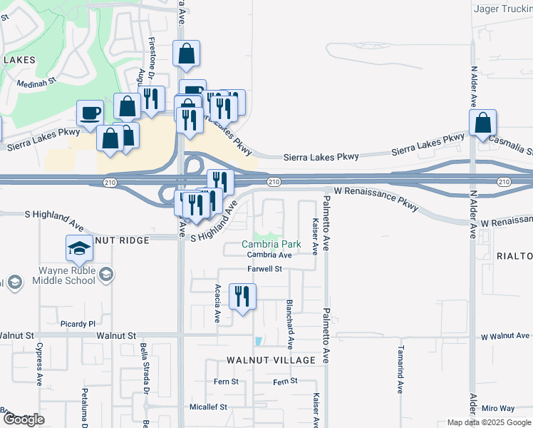 map of restaurants, bars, coffee shops, grocery stores, and more near 6559 Pacifica Avenue in Fontana
