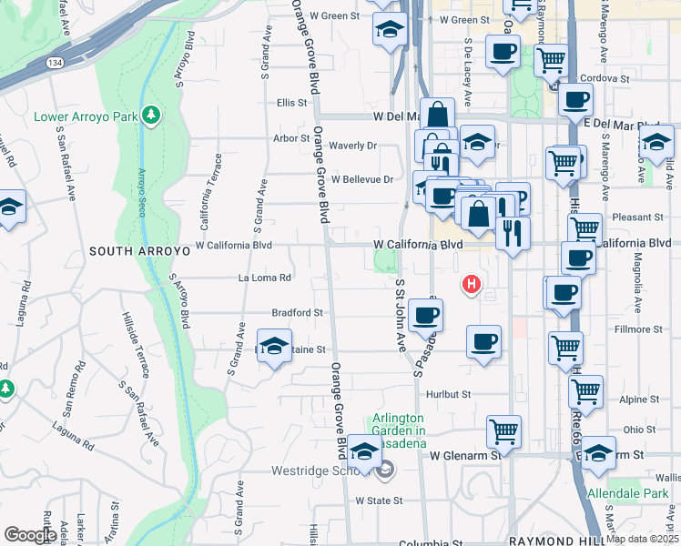 map of restaurants, bars, coffee shops, grocery stores, and more near 360 Congress Place in Pasadena