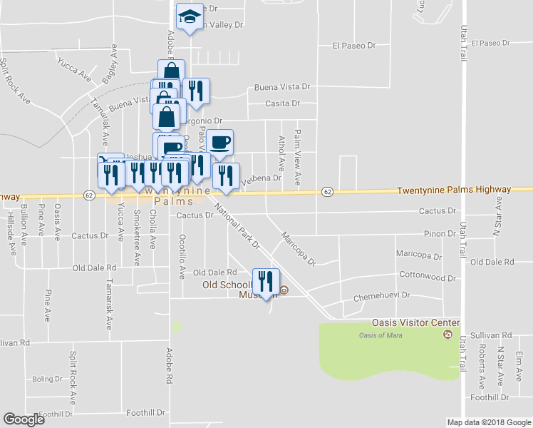 map of restaurants, bars, coffee shops, grocery stores, and more near Cactus Drive & Maricopa Drive in Twentynine Palms