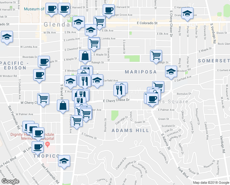 map of restaurants, bars, coffee shops, grocery stores, and more near 614 East Acacia Avenue in Glendale